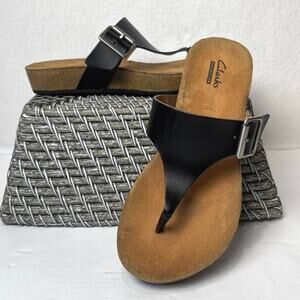 Clarks Women's Black Leather Buckle Slide Sandals Cork Wedge Size 7